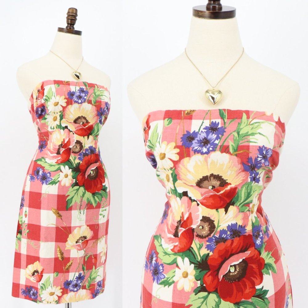 SOLD - Vintage Mica Red Gingham Floral Strapless Mini Dress Cotton/Linen/Silk - Picture 2 of 15